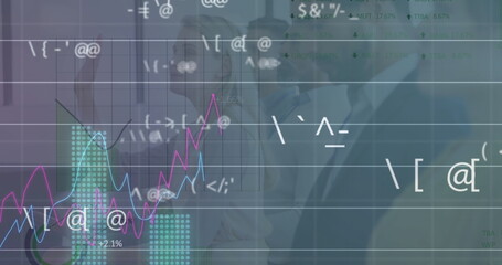 Image of statistics with data processing over diverse business people