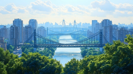 Fototapeta premium Panoramic city view with two suspension bridges spanning a river, surrounded by lush green trees and hazy skyscrapers