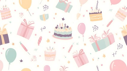 Pastel-toned celebration pattern featuring gifts, cakes, and balloons.