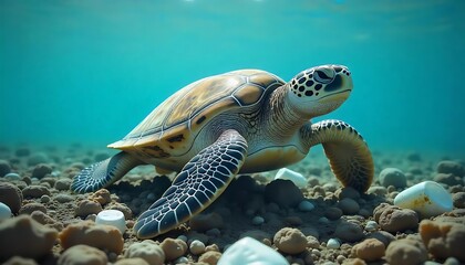 Fototapeta premium World Turtle Day sea turtle surrounded by plastic waste, World Turtle Day marine pollution crisis on beach, World Turtle Day endangered wildlife facing environmental threat.created with generative ai