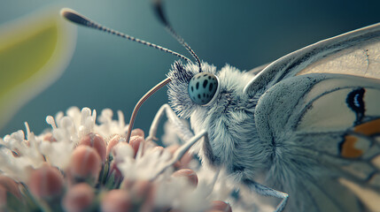 Ultra close-up of a butterfly's proboscis as it feeds on a flower, with fine details of its antennae and wing scales