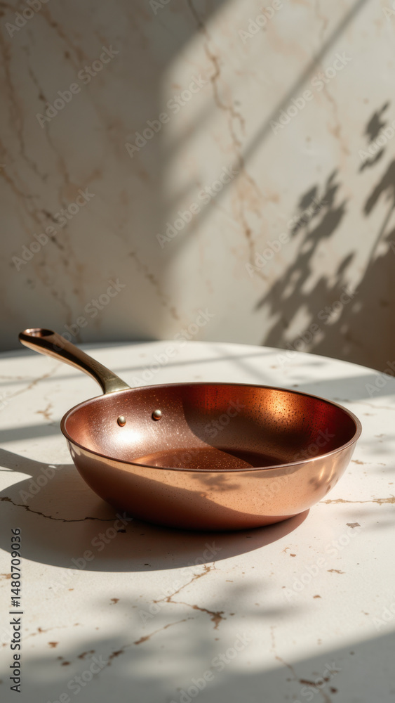 Poster copper frying pan sitting on a marble countertop with sunlight streaming through the window behind i