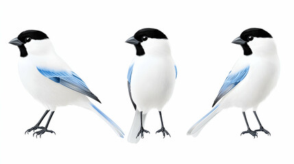 Three White Birds with Black Caps and Blue Tails on White Background