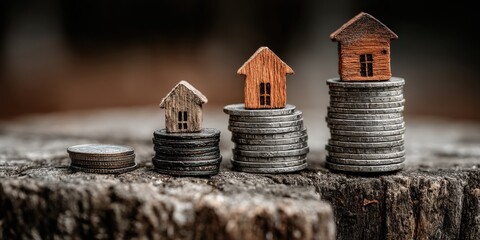 Rising Home Investment: A tangible representation of growing property values, with miniature houses perched atop progressively taller stacks of coins, all resting on a rustic.