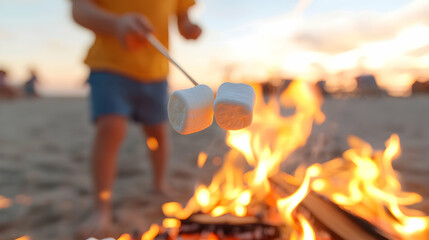 Fototapeta premium Child Roasting Marshmallows Over a Bonfire on a Sandy Beach at Sunset