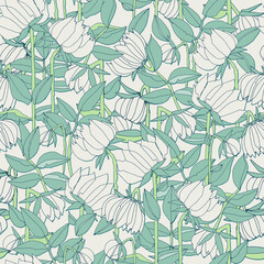 Seamless pattern with hand drawn meadow bold flowers. Colorful illustrations on blue background for surface design and other design projects