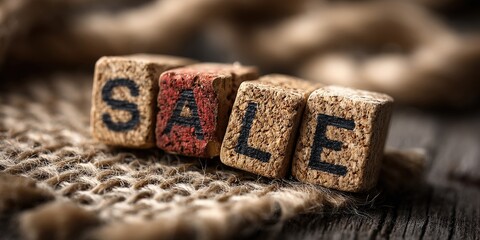 "Sale" Letter Cubes: Close-up of wooden cubes spelling "SALE" arranged on a textured jute fabric, showcasing a warm and inviting tone. The letters are bold and clearly defined.