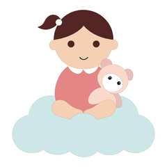 Baby Girl with Teddy Bear on Cloud - Flat Vector for Baby Shower Invitations, SVG Printable.
