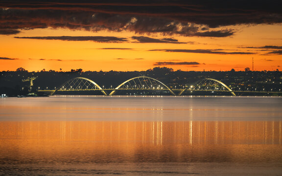 JK Bridge over Lake Paranoa during sunrise in Brasilia, Brazil