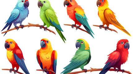 Obraz premium Vibrant Set of Colorful Parrots Illustration Isolated on White Background