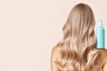 Naklejka premium A woman displaying her long, wavy, blonde hair with a focus on a blue shampoo bottle, illustrating clean and healthy hair care enhancing beauty.