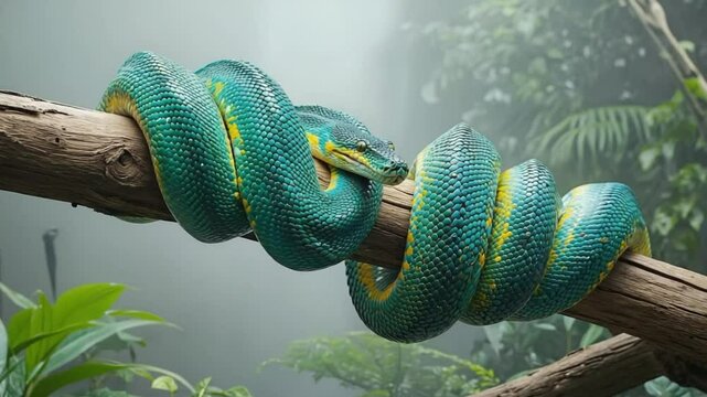 Coiled snake on branch in tropical environment