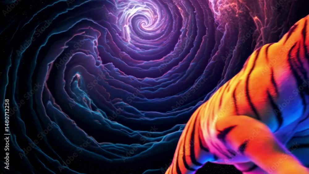 Poster tiger walking through a colorful cosmic vortex in abstract style