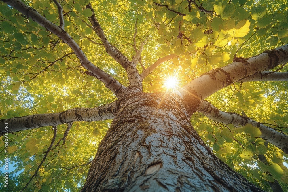 Poster sunlight filtering through lush green leaves of a towering tree on a sunny day in a serene outdoor s
