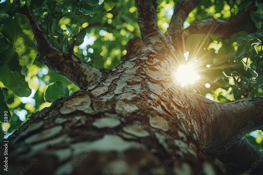 Poster sunlight filtering through lush green leaves of a towering tree on a sunny day in a serene outdoor s
