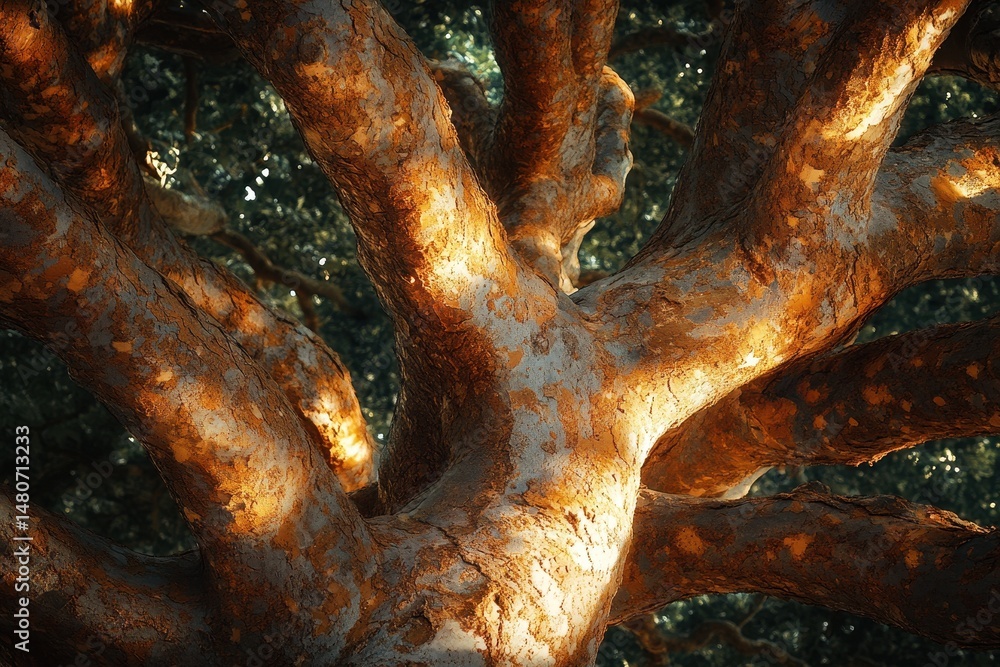 Poster sunlight filtering through lush green leaves of a towering tree on a sunny day in a serene outdoor s