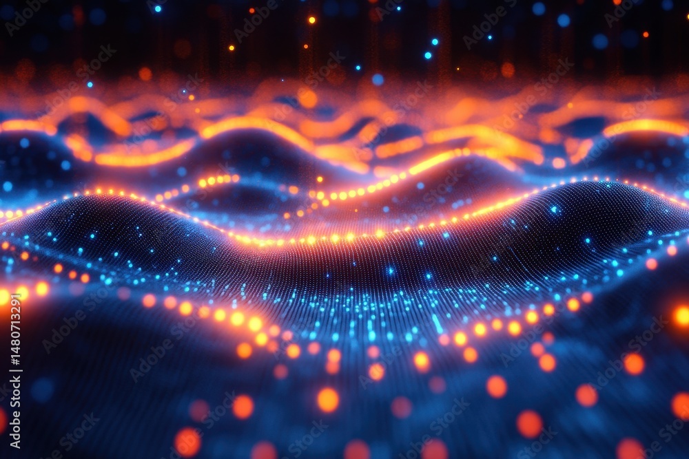 Poster Vibrant abstract patterns showcasing interconnected nodes and lines against a dark background, creating a digital and futuristic atmosphere of technology