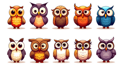 Collection of Eleven Ornamental Cartoon Owls for Creative Design Projects
