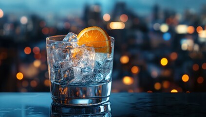Refreshing cocktail with ice and orange slice against a city skyline at night