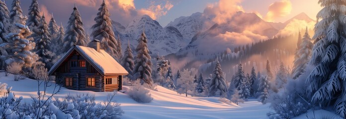 A serene winter landscape with a cozy cabin surrounded by snow-covered trees and majestic mountains in the backdrop.