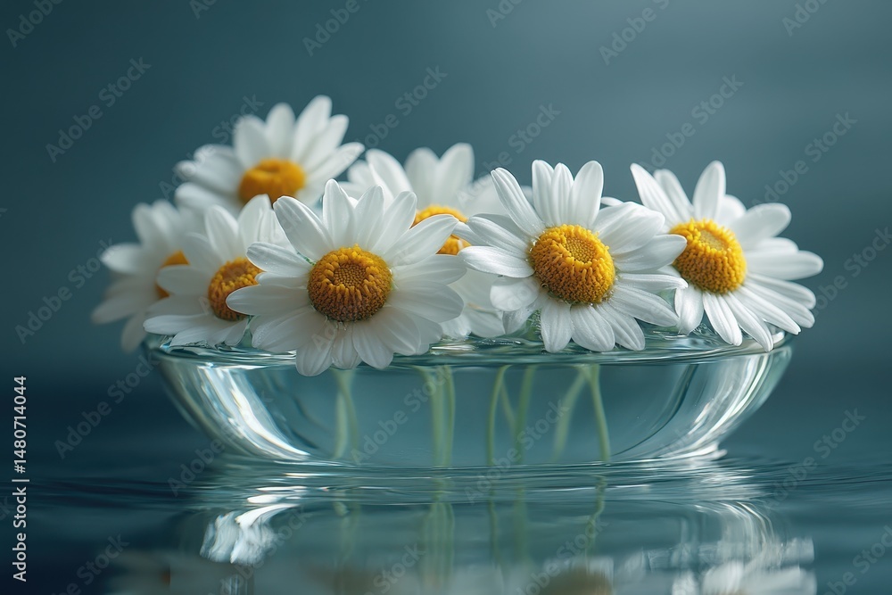 Fototapete Daisies floating in a glass bowl with clear water, creating a serene and calming atmosphere in a soft indoor light setting