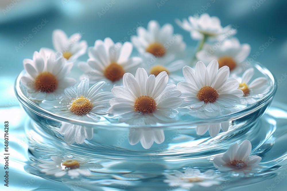 Poster Daisies floating in a glass bowl with clear water, creating a serene and calming atmosphere in a soft indoor light setting