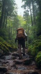 Obraz premium Adventurous Hiker Trekking on Muddy Forest Trail with Backpack