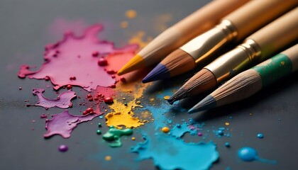 Fototapeta premium Closeup of Colorful Paintbrushes with Paint on a Dark Surface created with generative ai