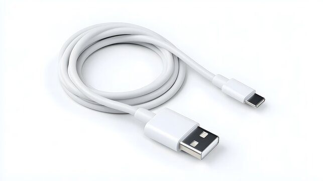 A coiled white usb-c charging cable lies on a pristine white backdrop, ready for use.