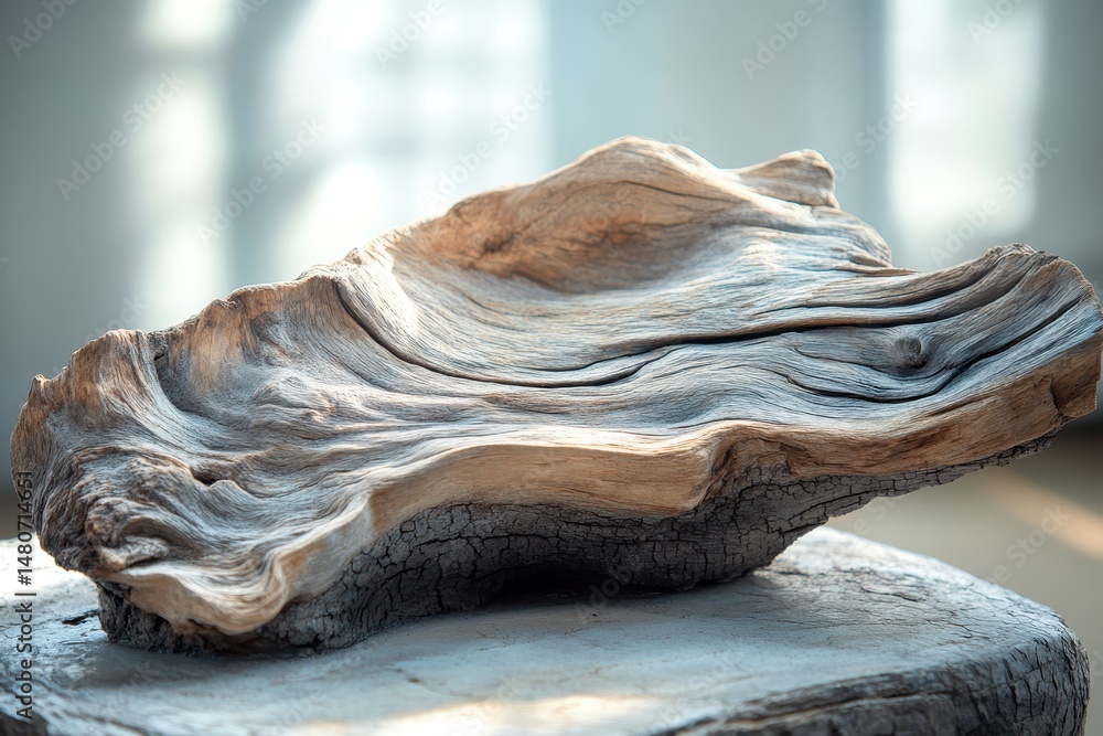 Poster unique piece of weathered driftwood display in natural light showcasing intricate textures and grain