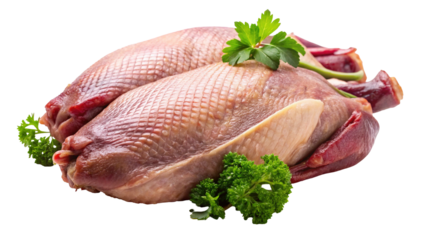 Raw whole duck ready to cook with fresh parsley garnish gourmet food photography style shot on transparent background