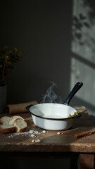 A skillet with steam rising from it on a wooden table, implying food being cooked.