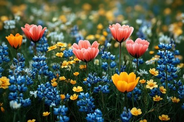 Obraz premium Wildflowers blooming across a spring meadow under morning sun