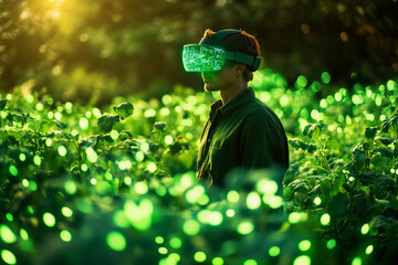 Farmer using VR technology in a green field. Modern agriculture concept. Man wearing a VR headset in a lush green field, exploring virtual reality for farming