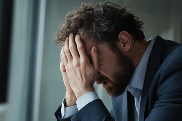 A frustrated businessman holding his head in disappointment after a failed deal