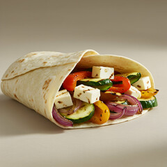 Close up of a veggie wrap with grilled vegetables and feta cheese on a neutral background