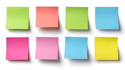A collection of colorful sticky notes, arranged on a white background, ready to capture ideas.