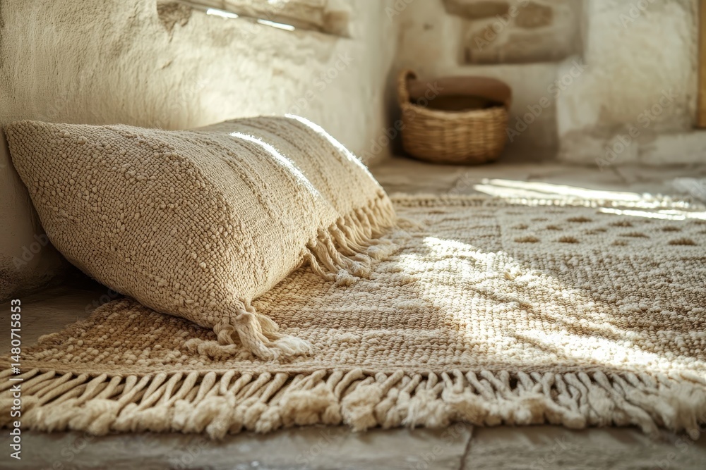 Poster cozy natural fibers adorn a sunlit room in a rustic setting with soft textures, inviting relaxation 