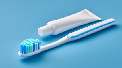 Close-up shot of a white toothbrush and toothpaste tube on a solid blue surface.