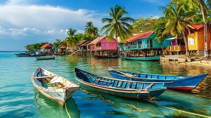 Vibrant waterfront homes with colorful boats on a tropical shoreline.