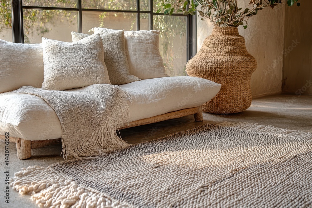 Poster cozy natural fibers adorn a sunlit room in a rustic setting with soft textures, inviting relaxation 