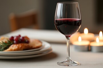 A glass of red wine on a candlelit dinner table, creating a romantic atmosphere