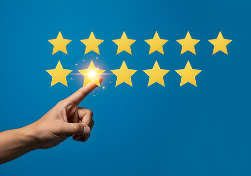 Hand selecting a glowing star among others representing customer feedback ratings excellence review satisfaction appraisal.