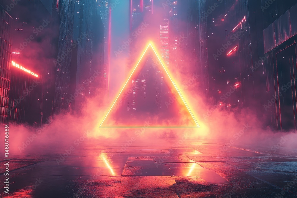 Aufkleber bright neon triangle illuminates a dark alley filled with mist, creating a mysterious and futuristic
