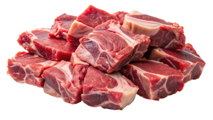 Fresh raw lamb meat cubes for stew and grilling, perfect for healthy eating and cooking at home on transparent background