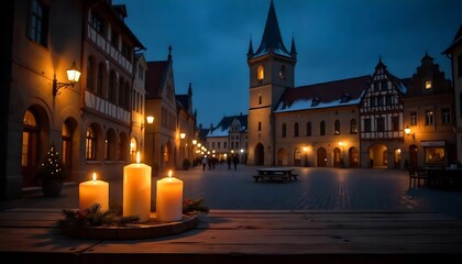 Fototapeta premium Christmas time Wooden table with candles in front of a medieval town square on Christmas night. Gothic castle at night, created with generative ai