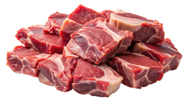 Fresh raw lamb meat cubes for stew and grilling, perfect for healthy eating and cooking at home on transparent background
