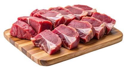 Fototapeta premium Fresh raw pork meat chops on wooden cutting board for cooking delicious meal preparation food on transparent background
