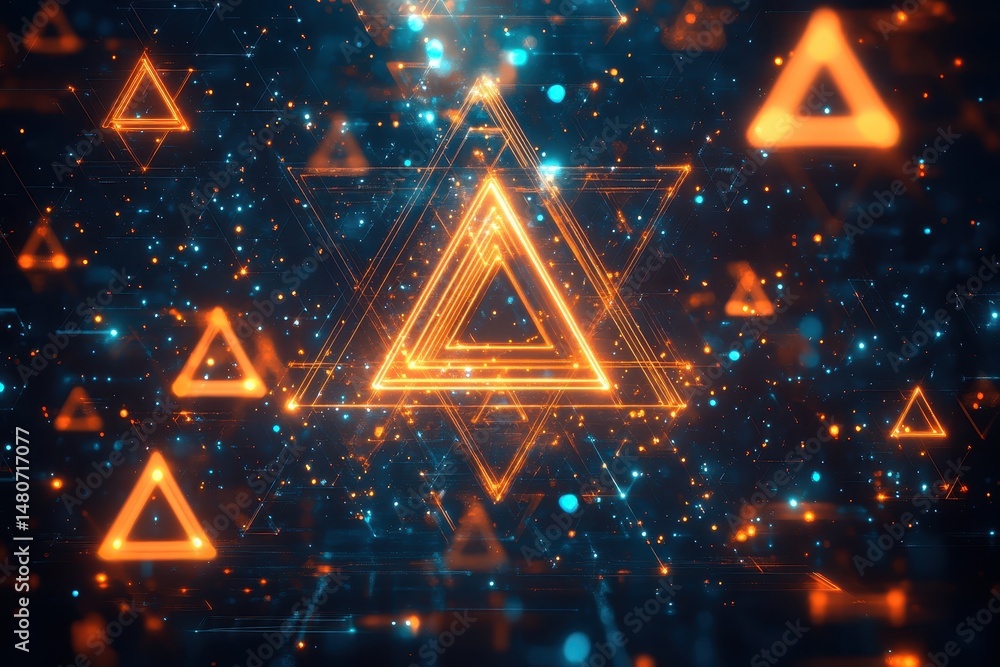 Poster Vibrant geometric patterns with glowing triangles and luminous dots create a dynamic digital space at night