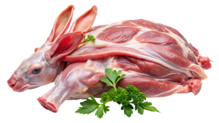 Fresh raw rabbit meat for sale online, buy whole rabbit meat, delicious rabbit meat recipe ideas on transparent background